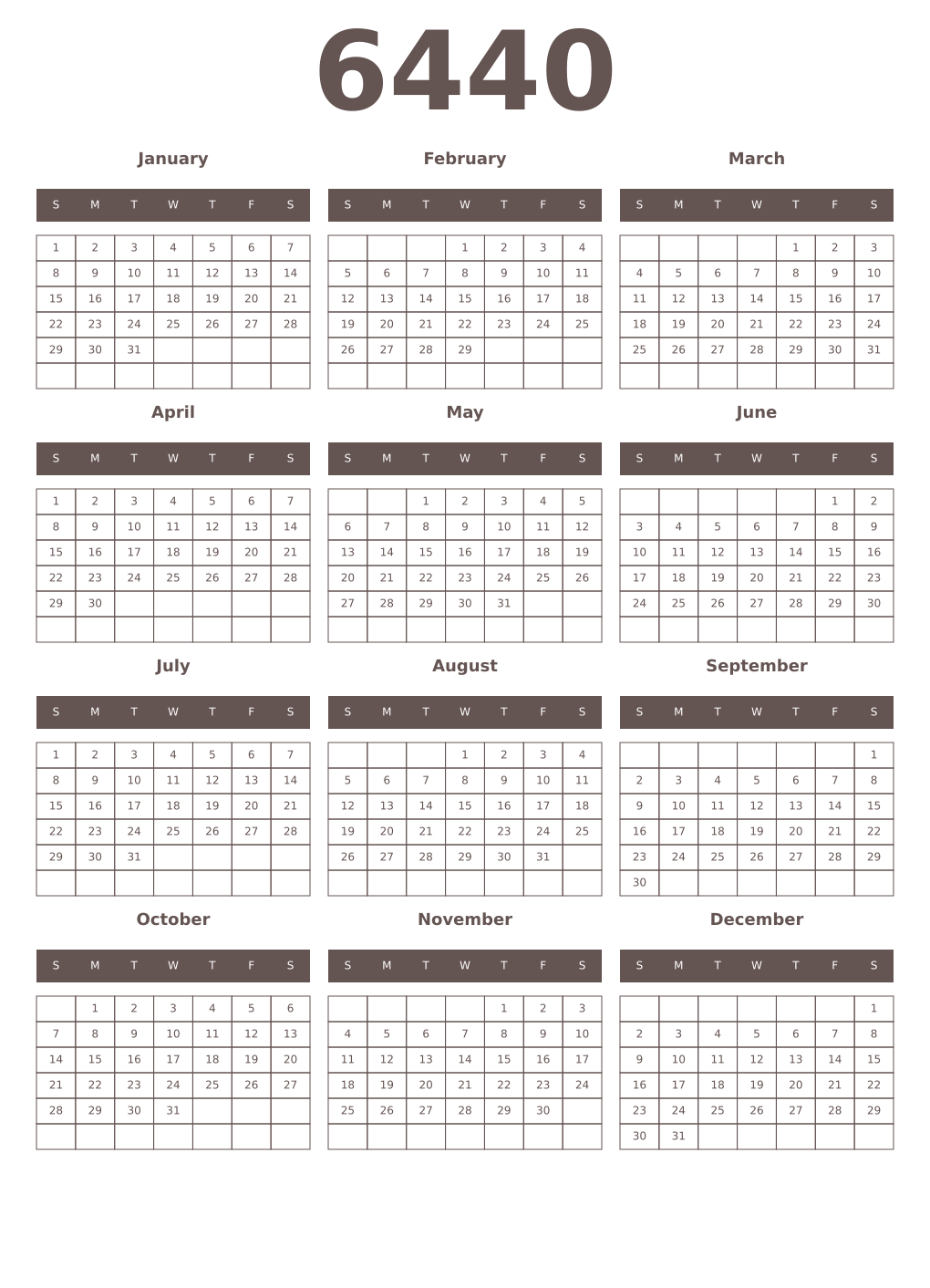 Printable 6440 Year Calendars wenge