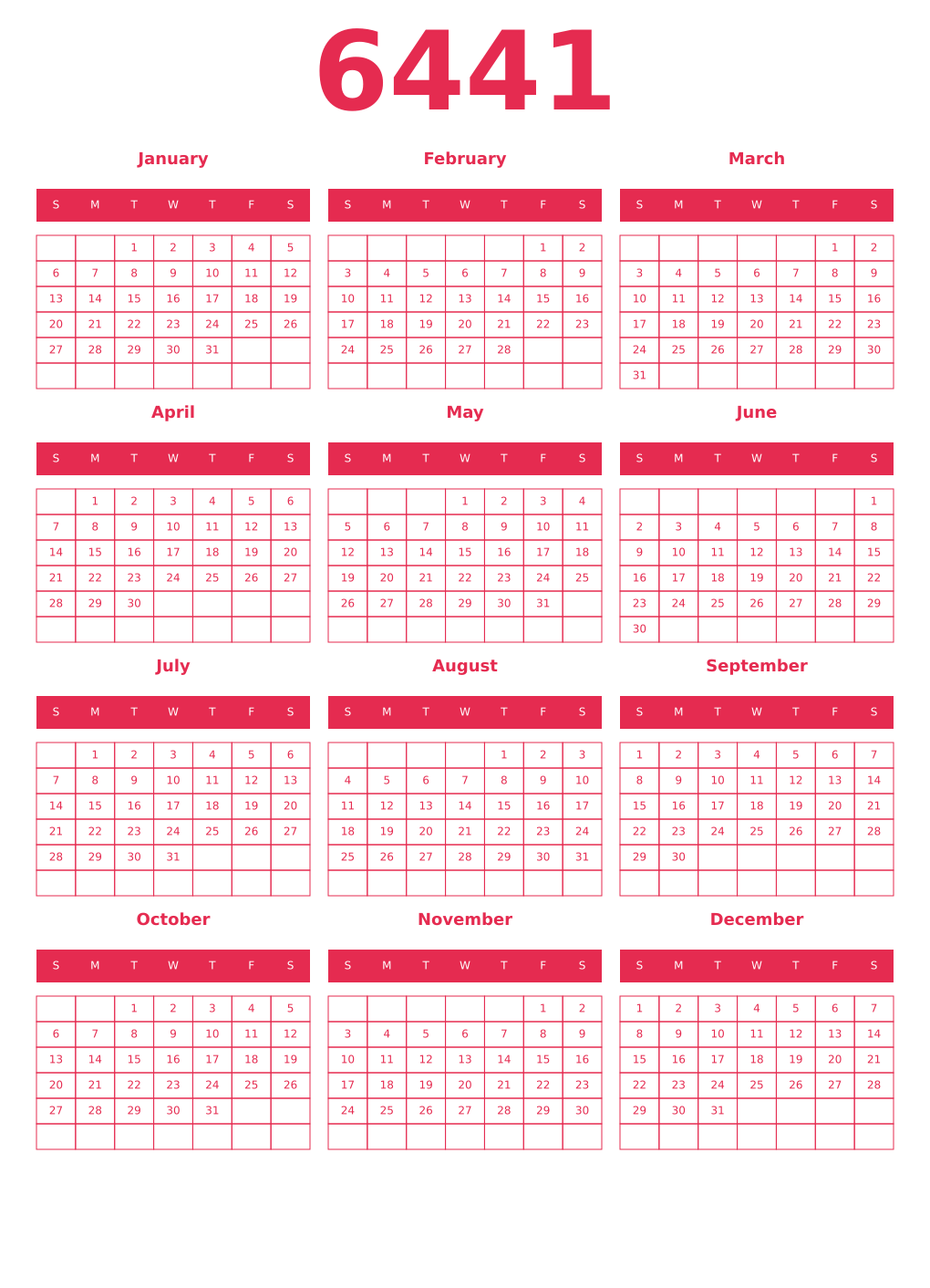 Printable 6441 Year Calendars amaranth