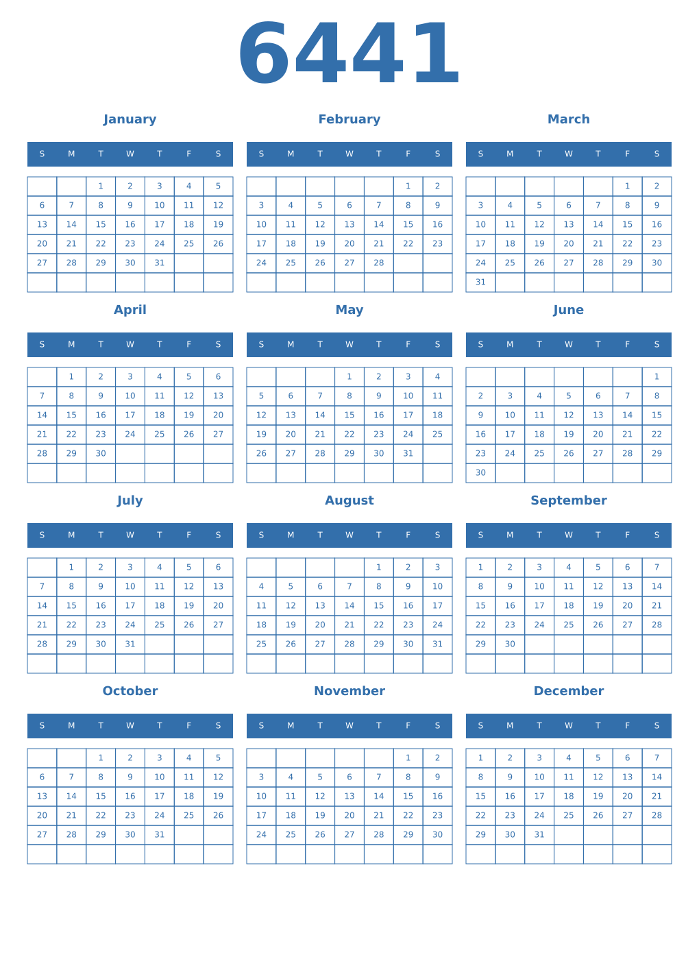 Printable 6441 Year Calendars blue