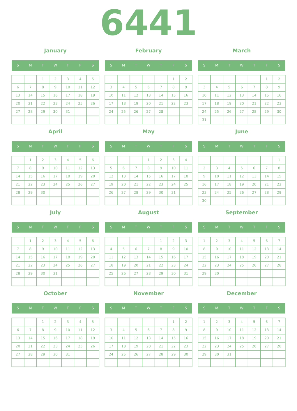 Printable 6441 Year Calendars celadon