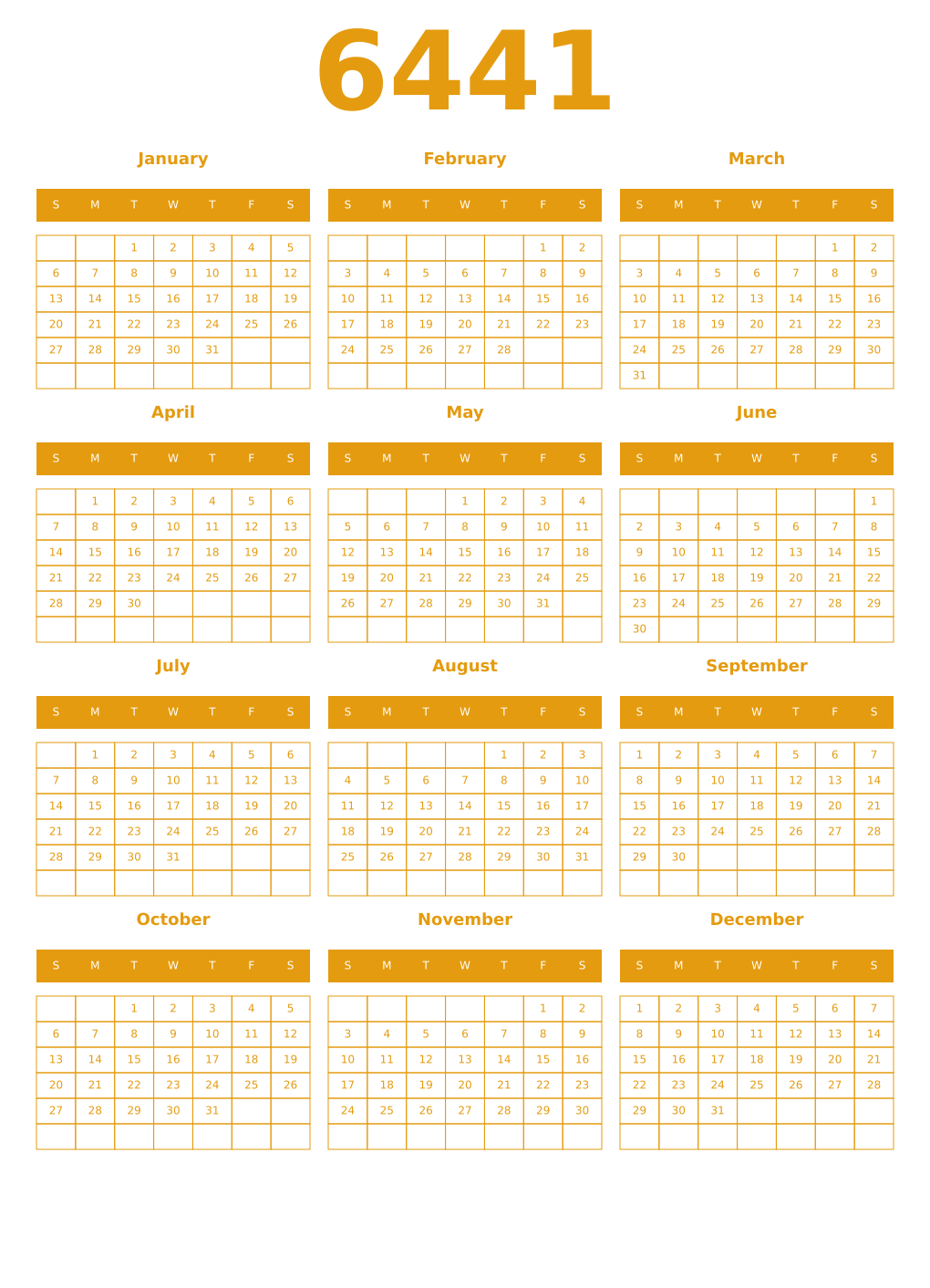 Printable 6441 Year Calendars gamboge