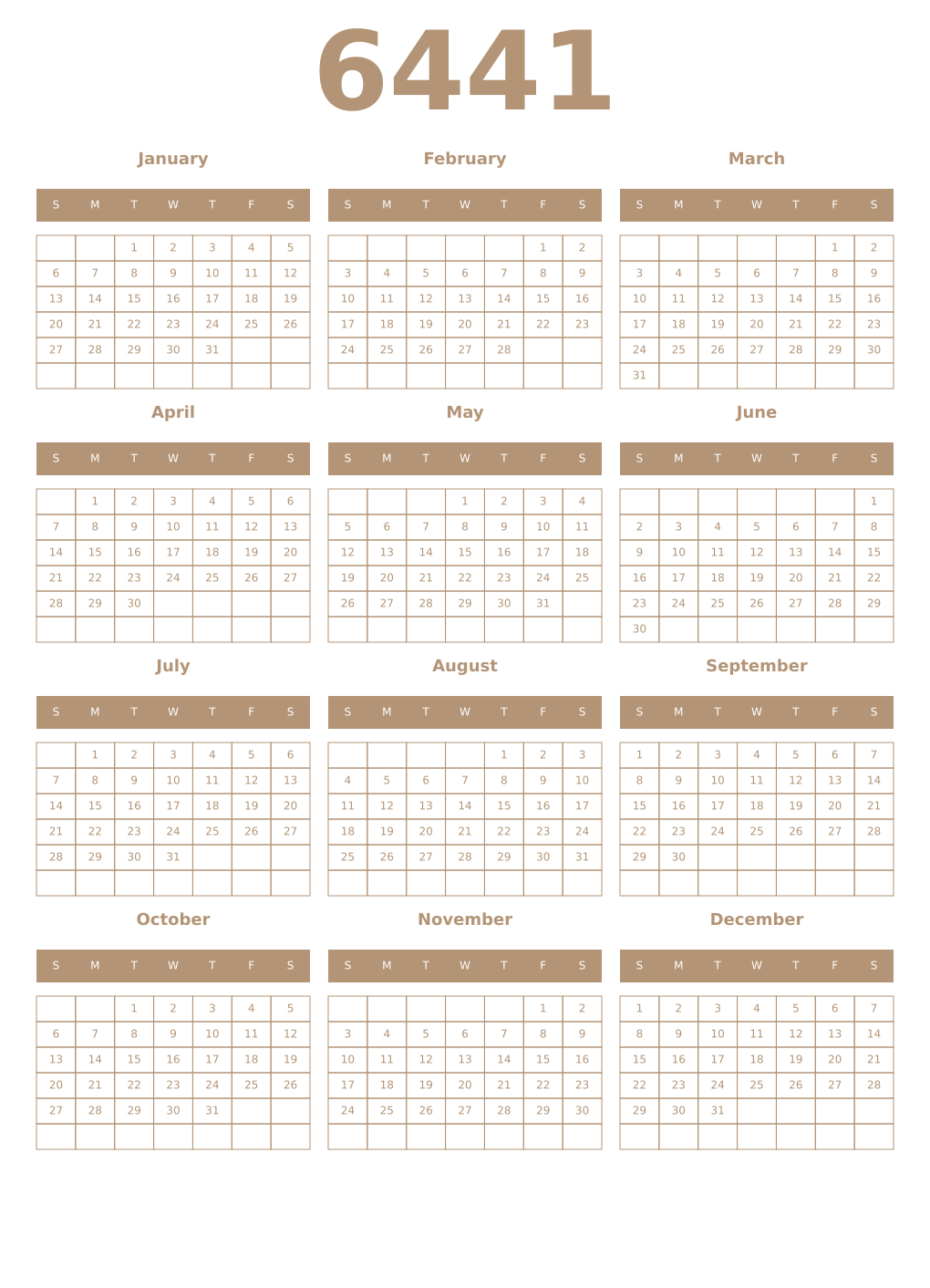 Printable 6441 Year Calendars isabelline