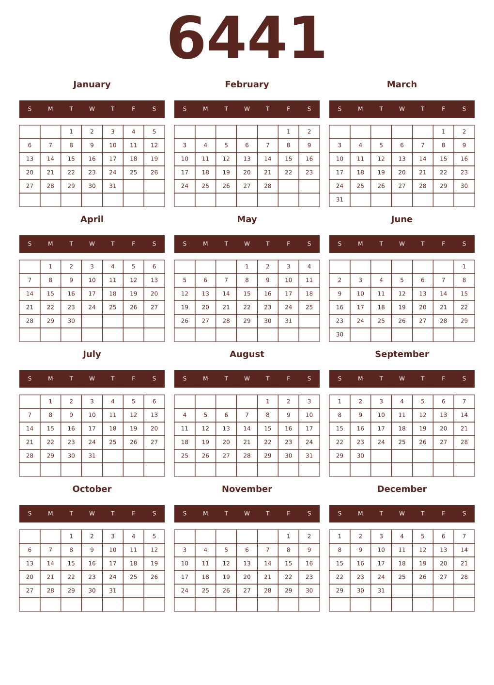 Printable 6441 Year Calendars mortuum