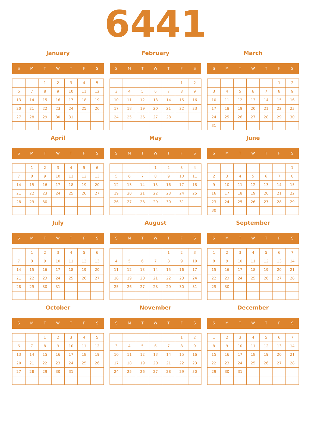 Printable 6441 Year Calendars orange
