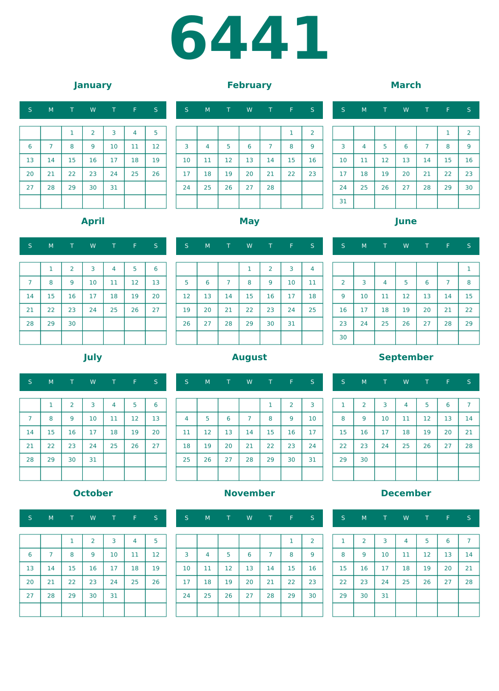 Printable 6441 Year Calendars pastel