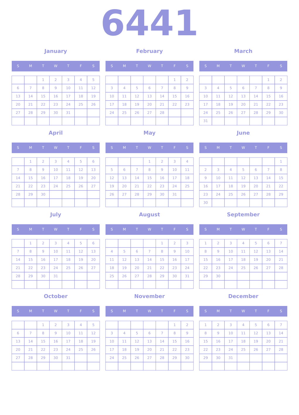 Printable 6441 Year Calendars periwinkle