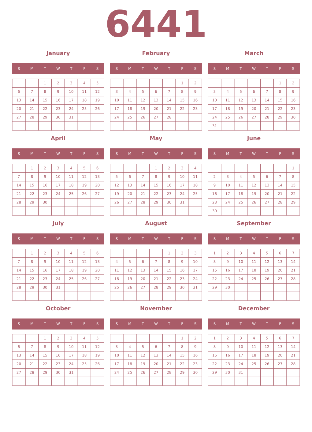 Printable 6441 Year Calendars puce