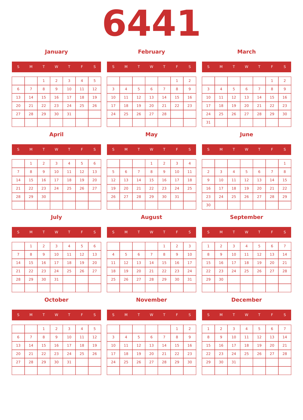 Printable 6441 Year Calendars red
