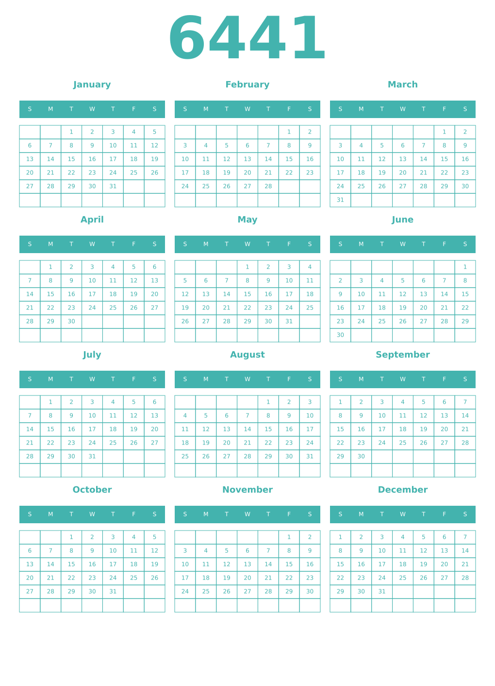 Printable 6441 Year Calendars verdigris