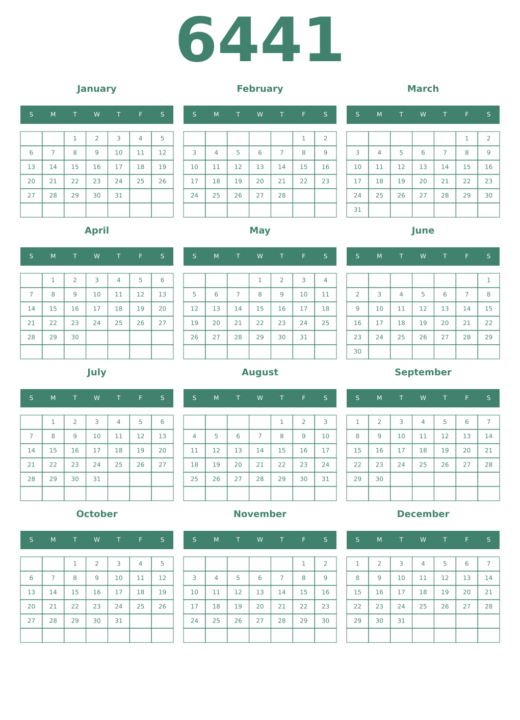 Printable 6441 Year Calendars viridian