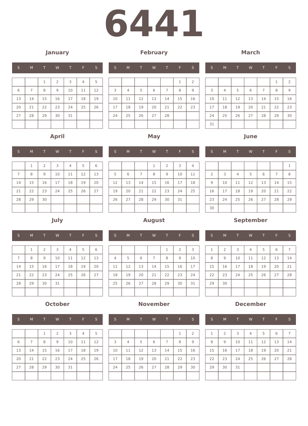 Printable 6441 Year Calendars wenge