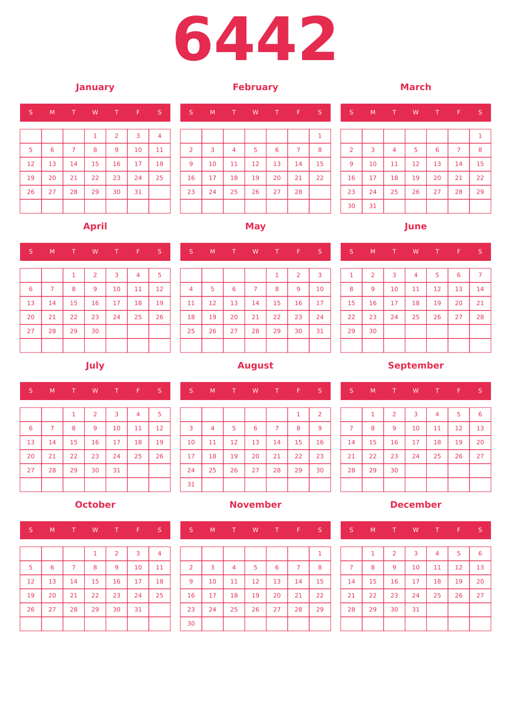Printable 6442 Year Calendars amaranth