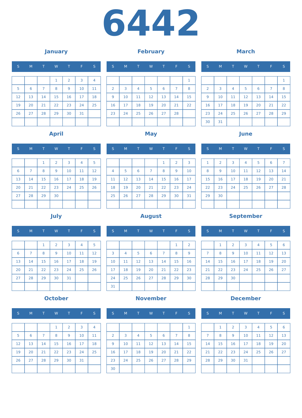 Printable 6442 Year Calendars blue