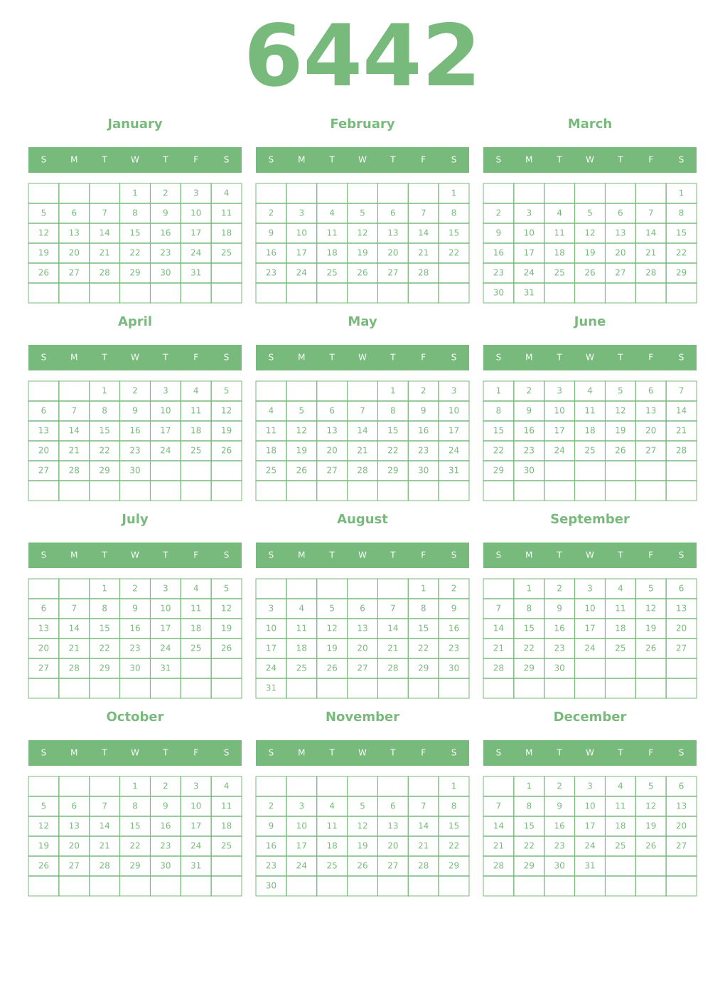 Printable 6442 Year Calendars celadon