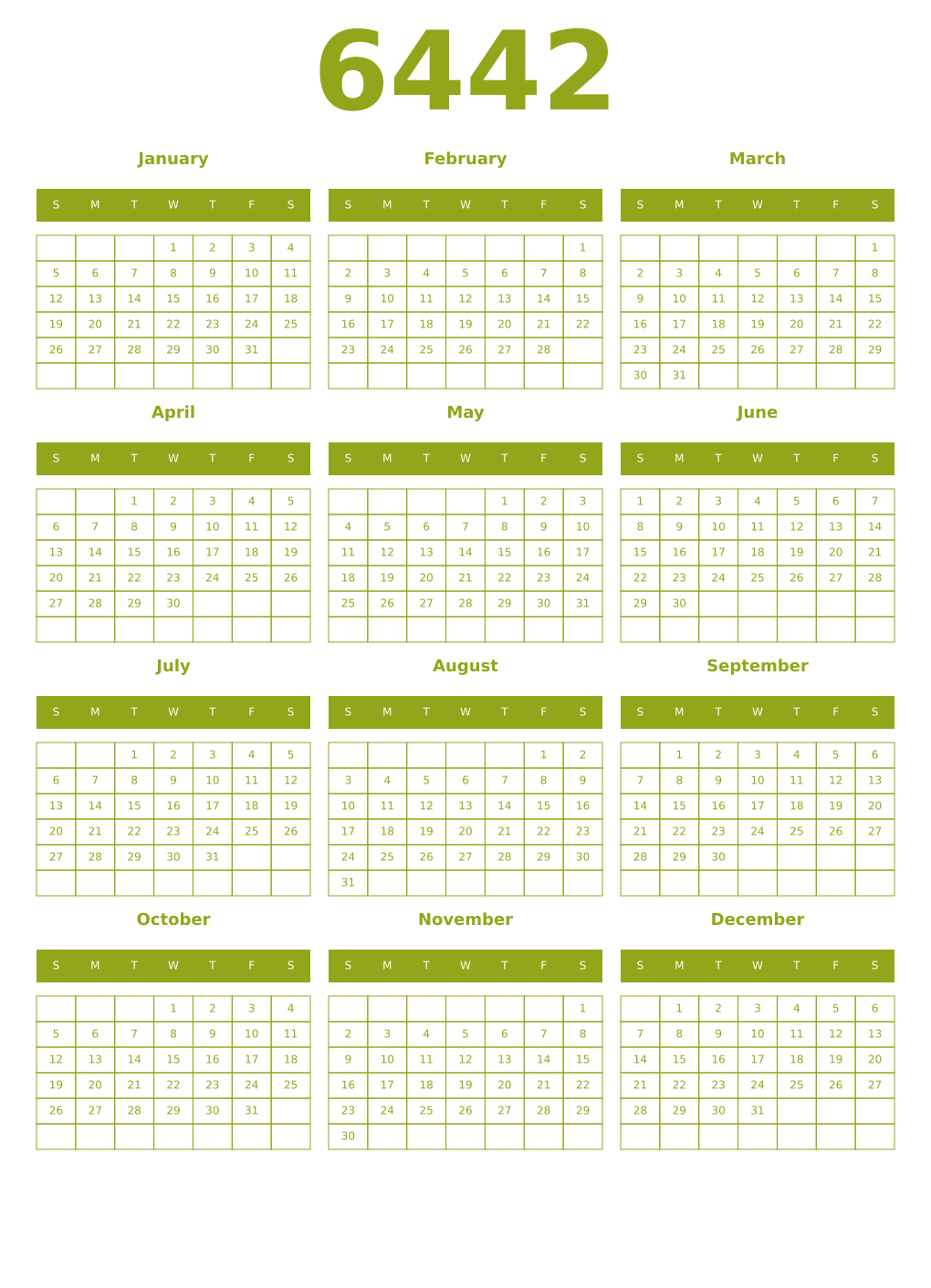 Printable 6442 Year Calendars chartreuse