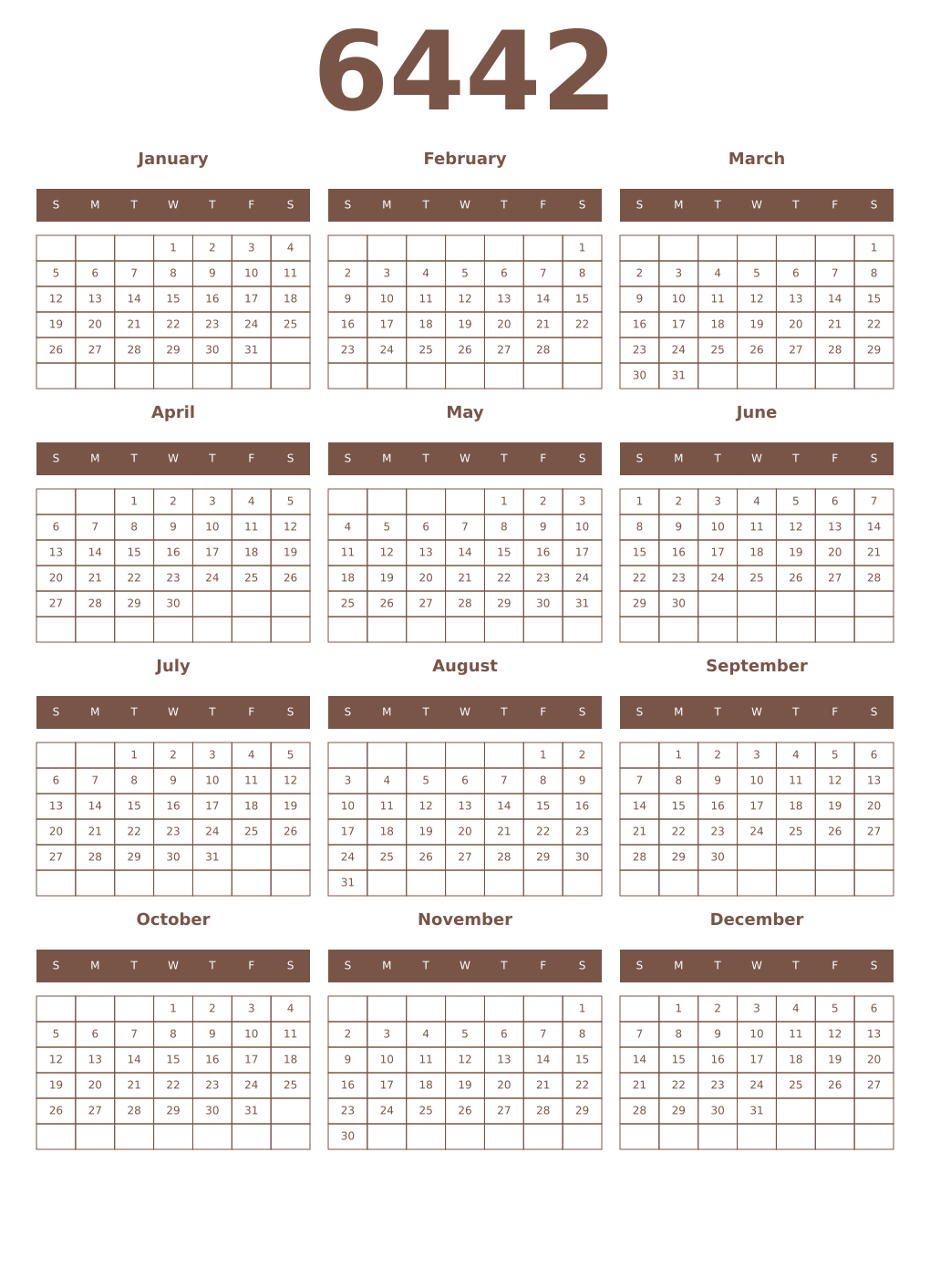 Printable 6442 Year Calendars coffe