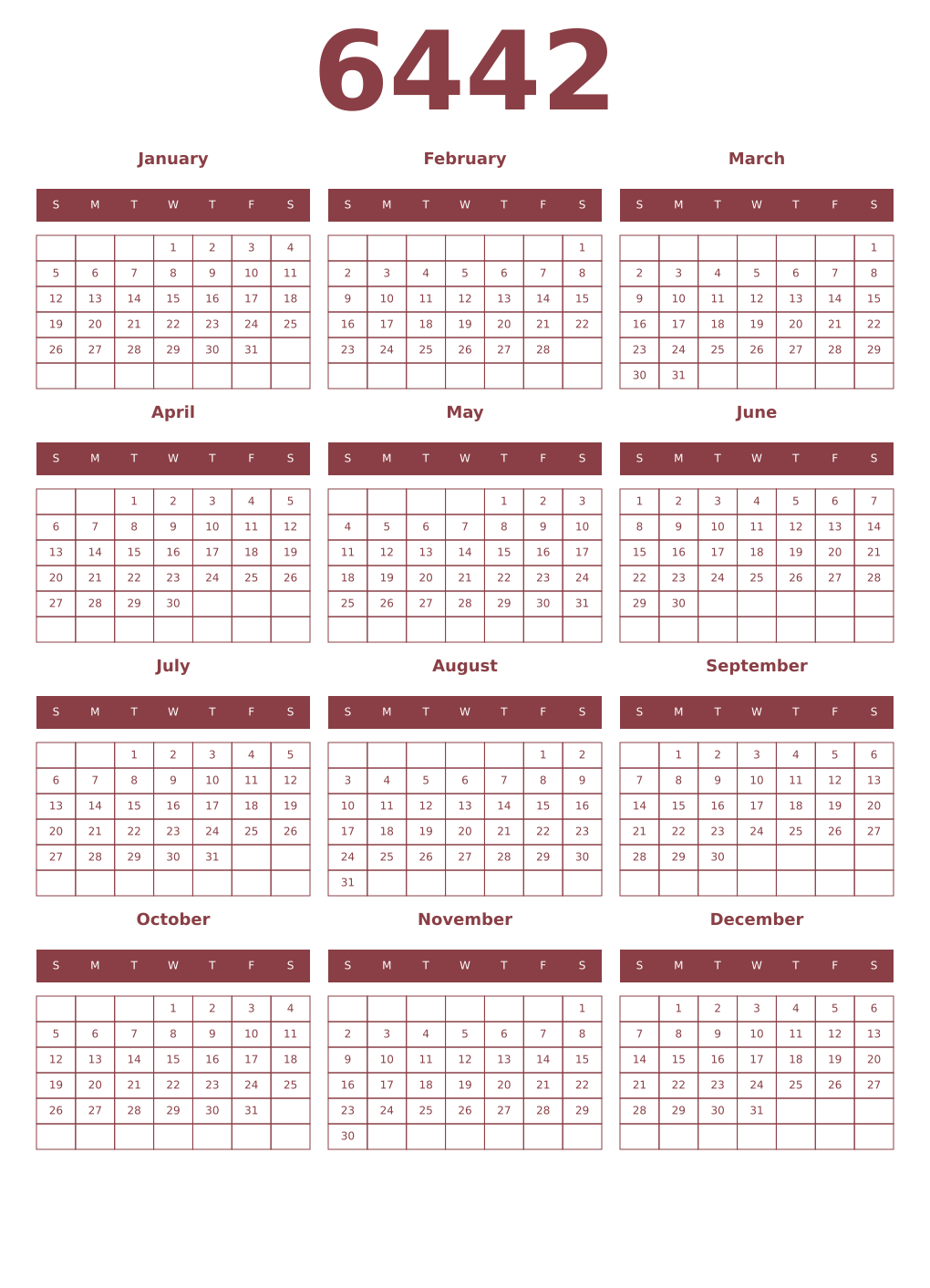 Printable 6442 Year Calendars cordovan
