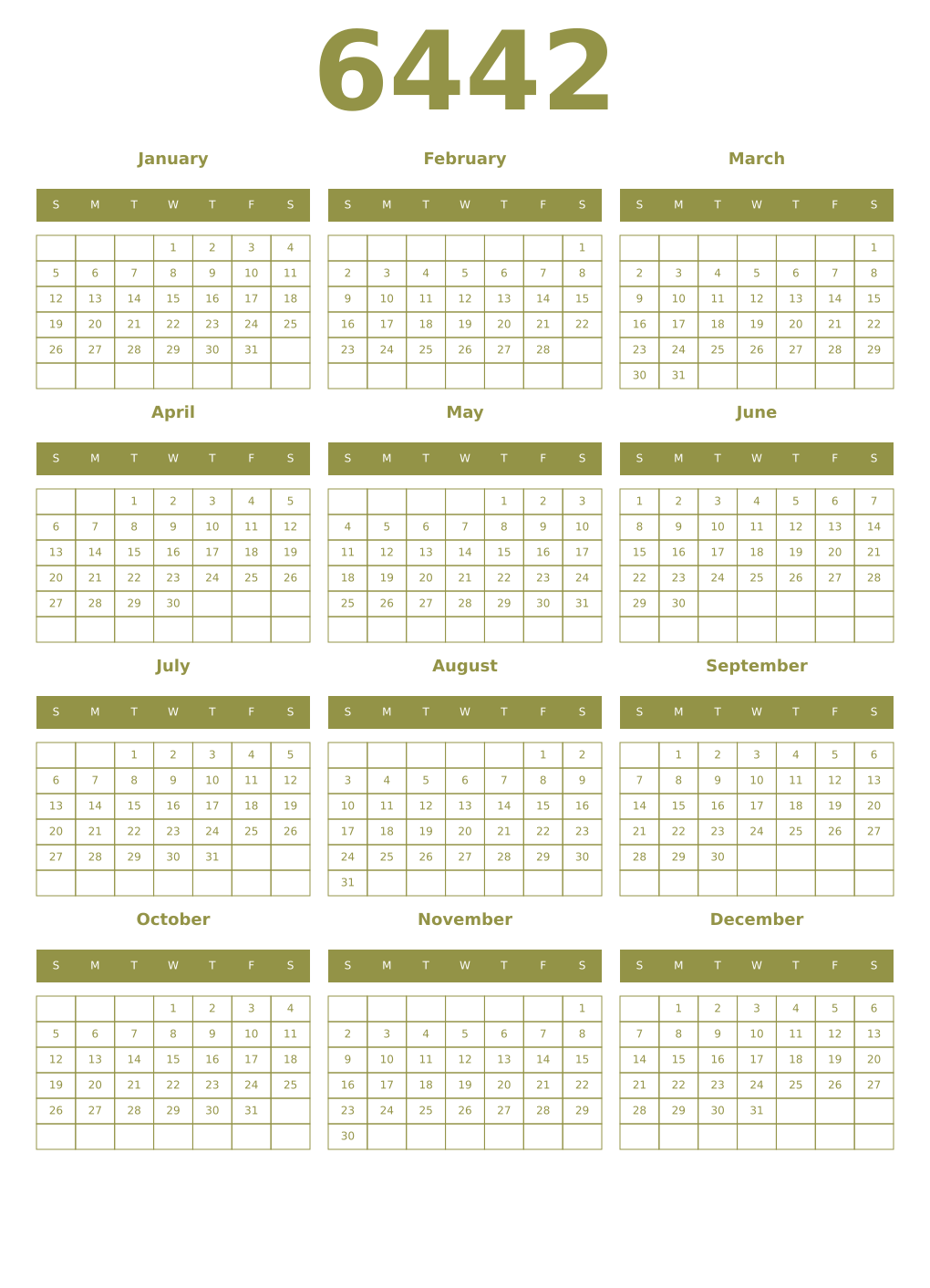 Printable 6442 Year Calendars eburnean