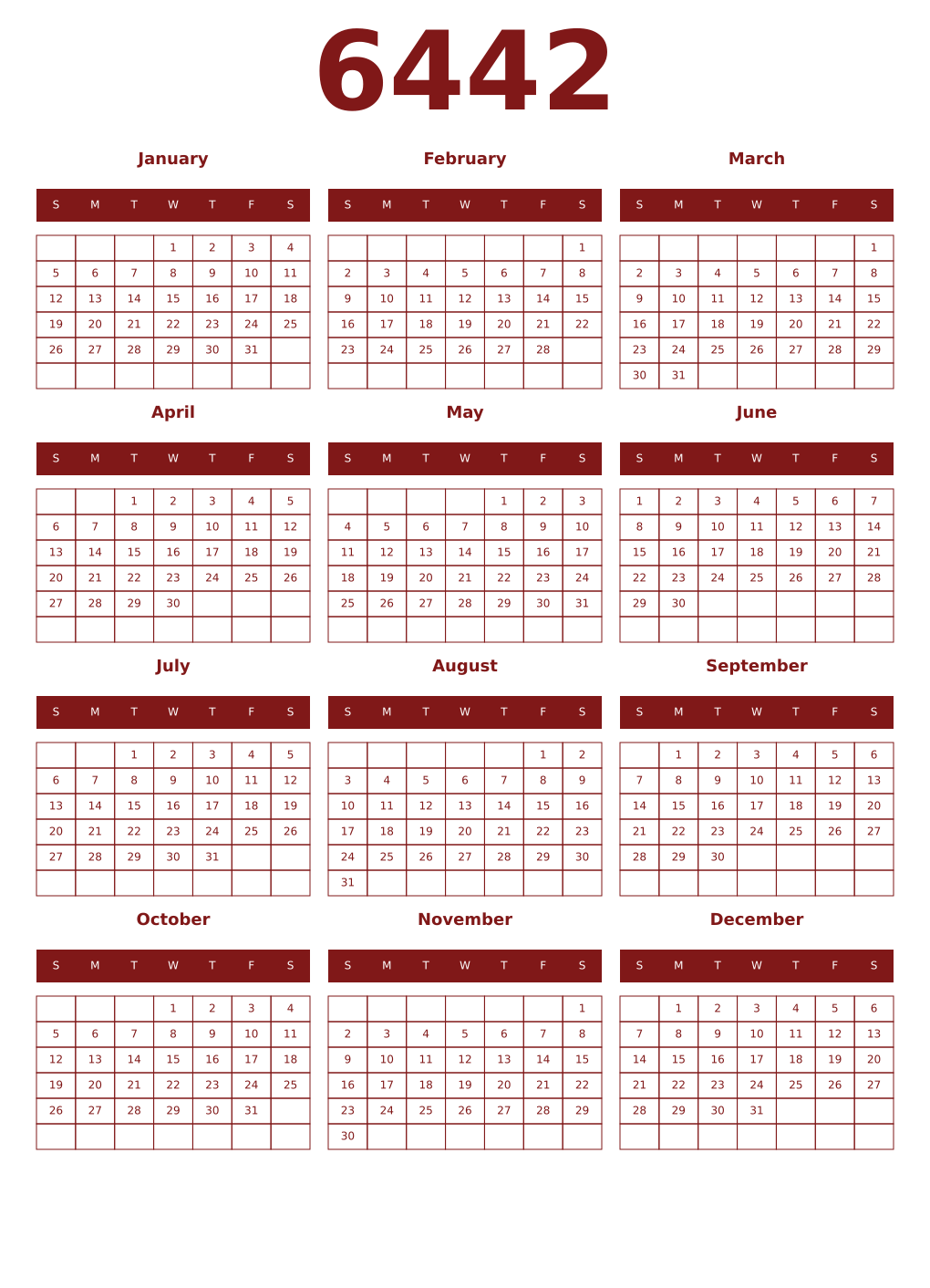 Printable 6442 Year Calendars falu