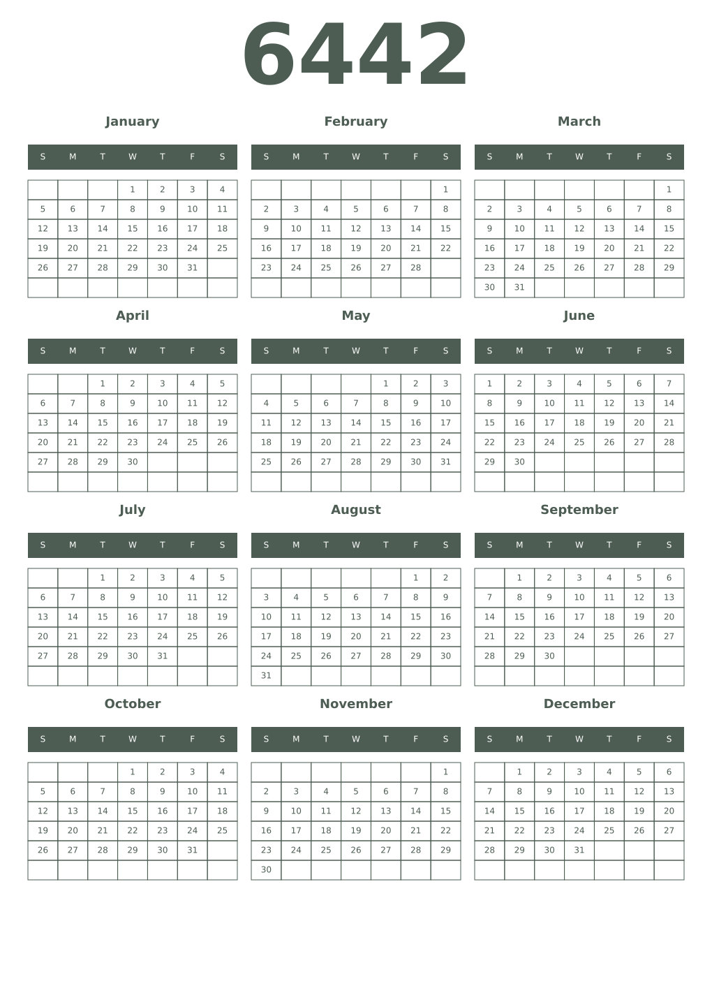 Printable 6442 Year Calendars feldgrau