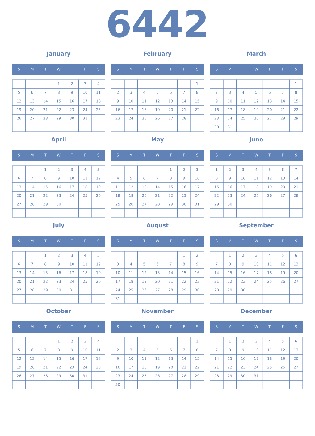 Printable 6442 Year Calendars glaucous