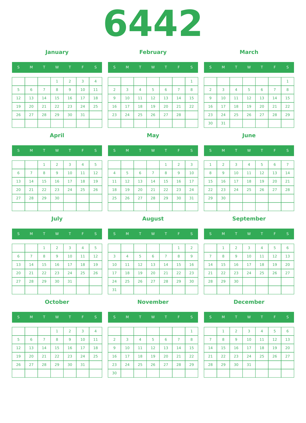 Printable 6442 Year Calendars green