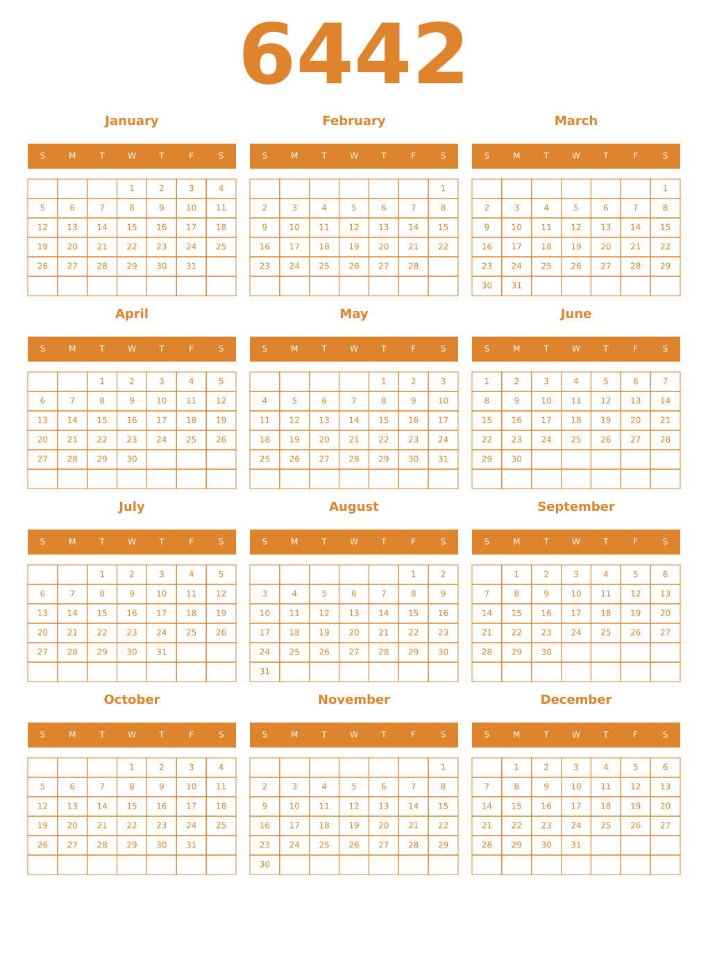 Printable 6442 Year Calendars orange