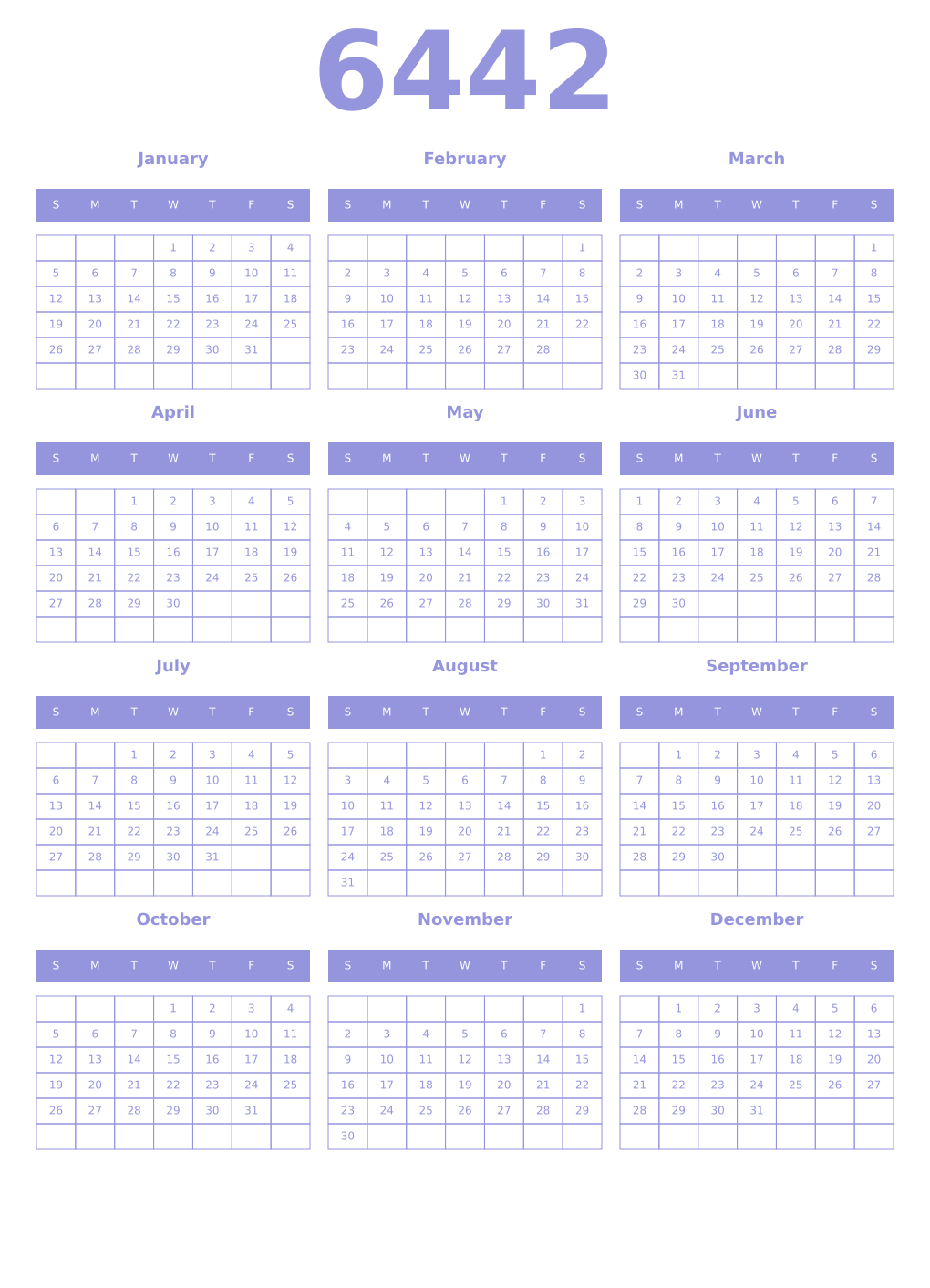Printable 6442 Year Calendars periwinkle