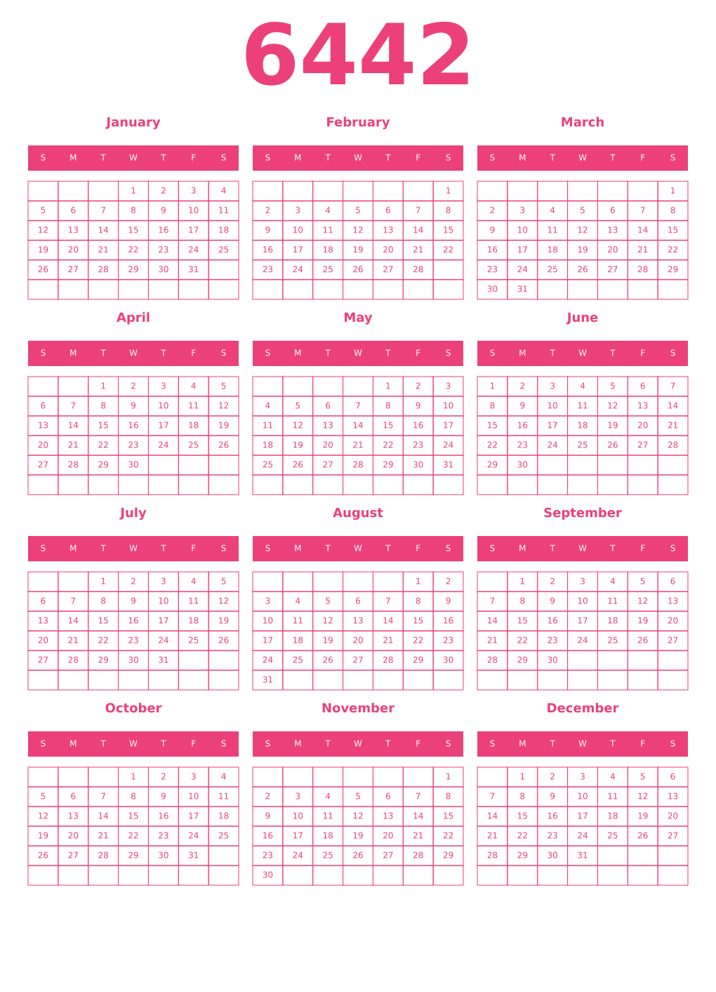 Printable 6442 Year Calendars pink