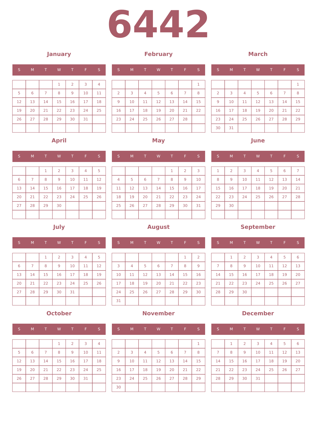 Printable 6442 Year Calendars puce