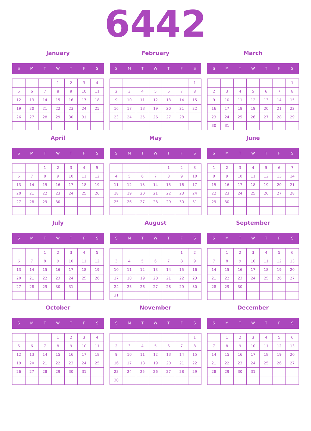 Printable 6442 Year Calendars purple