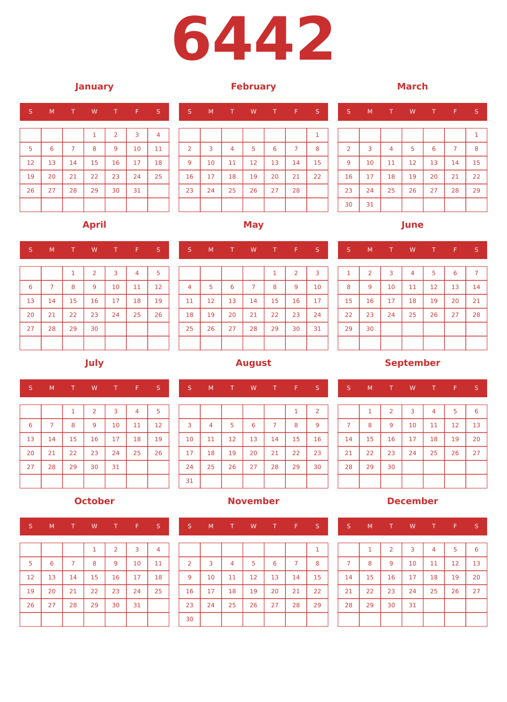Printable 6442 Year Calendars red