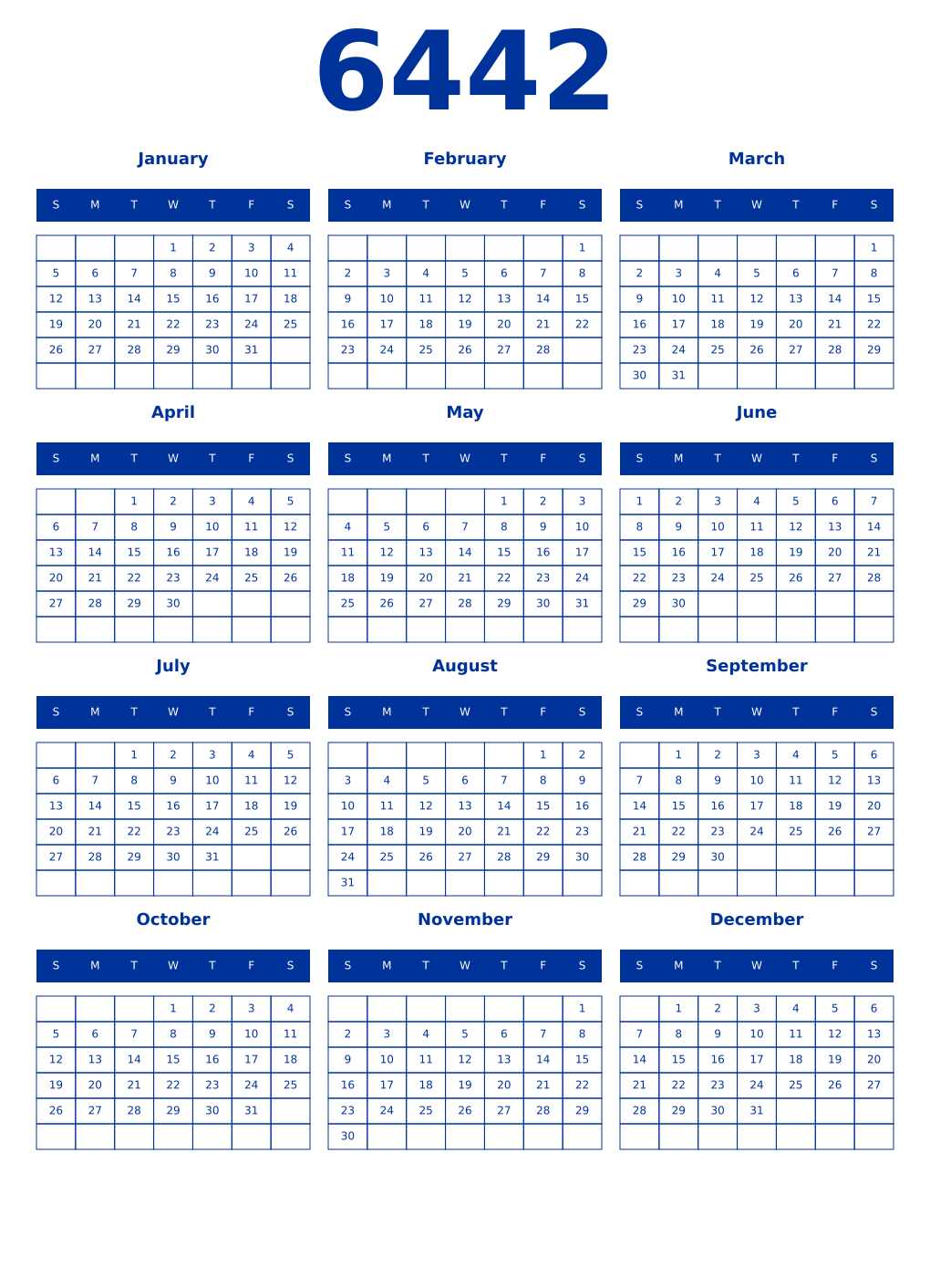 Printable 6442 Year Calendars smalt