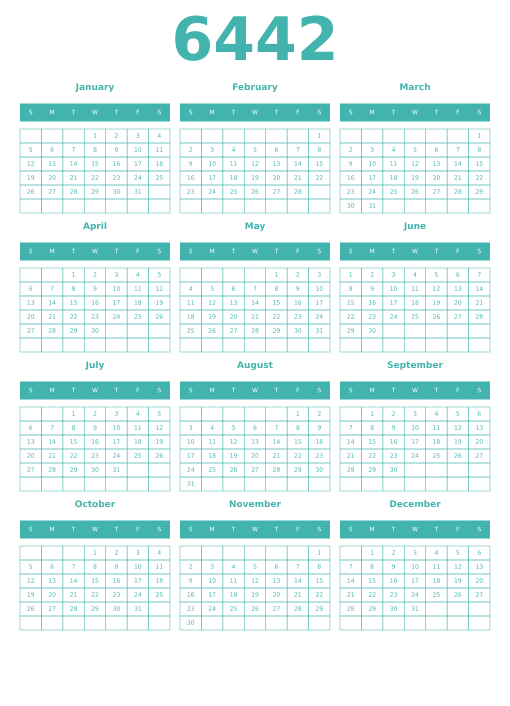 Printable 6442 Year Calendars verdigris