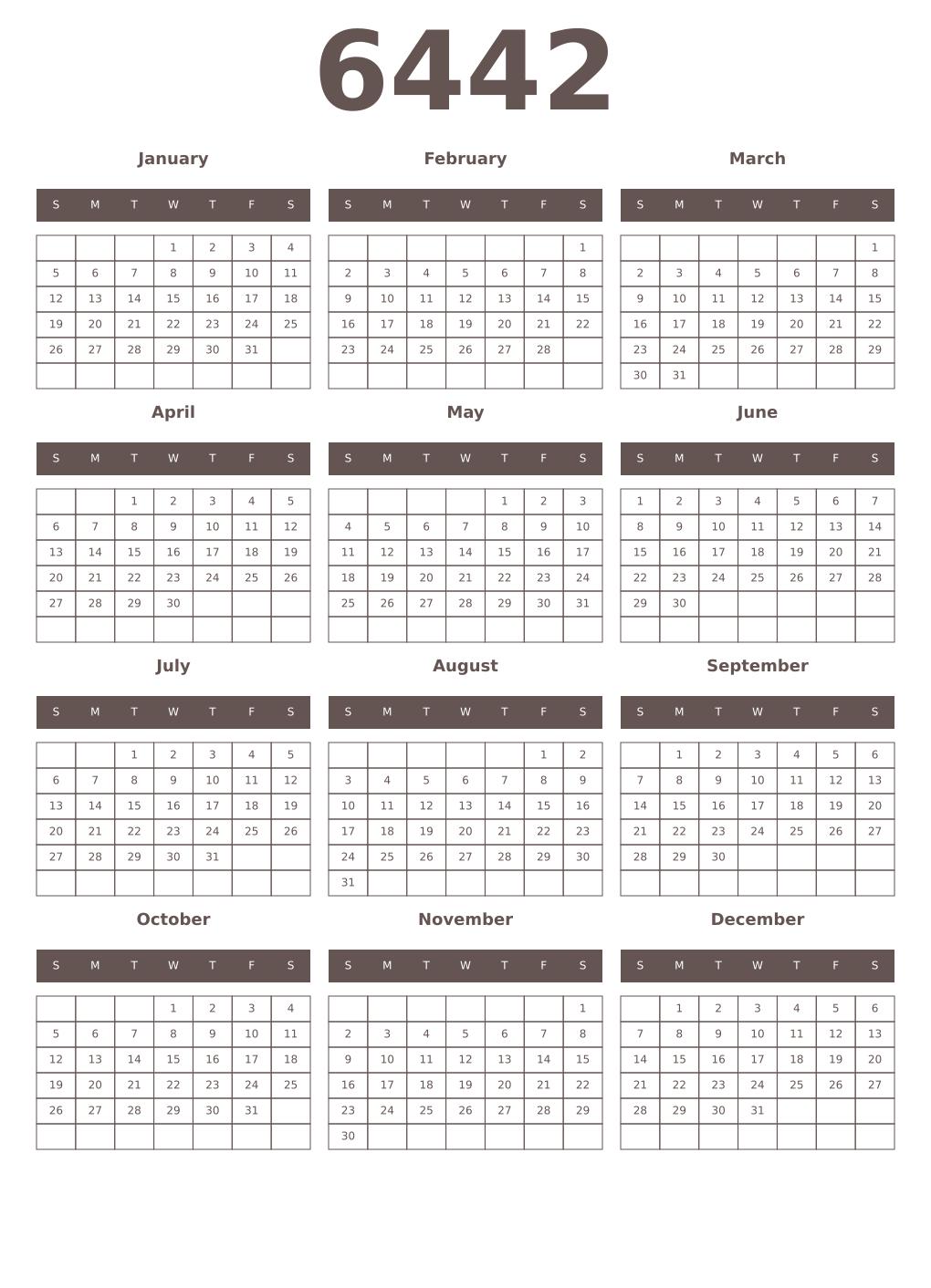 Printable 6442 Year Calendars wenge