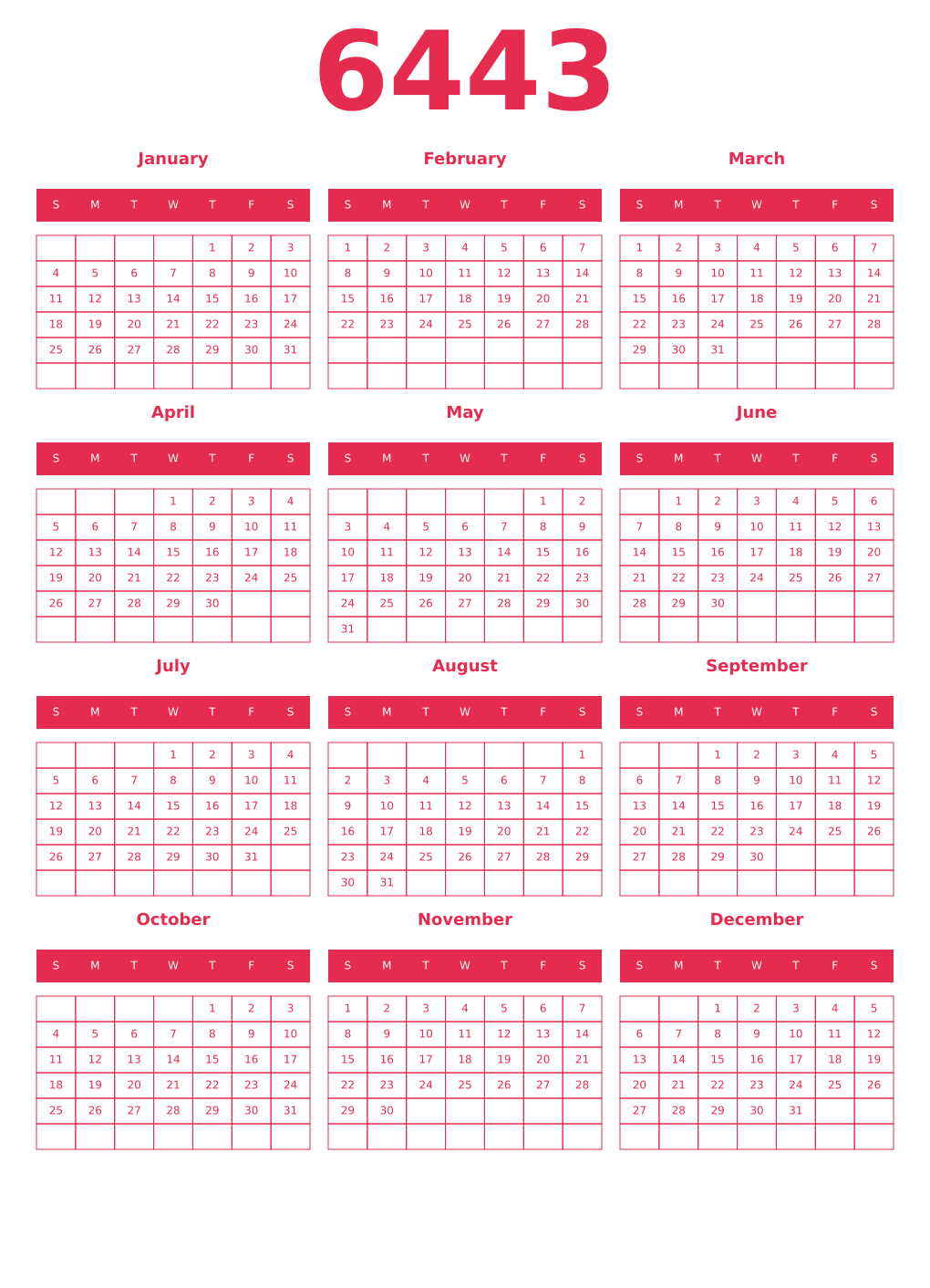 Printable 6443 Year Calendars amaranth