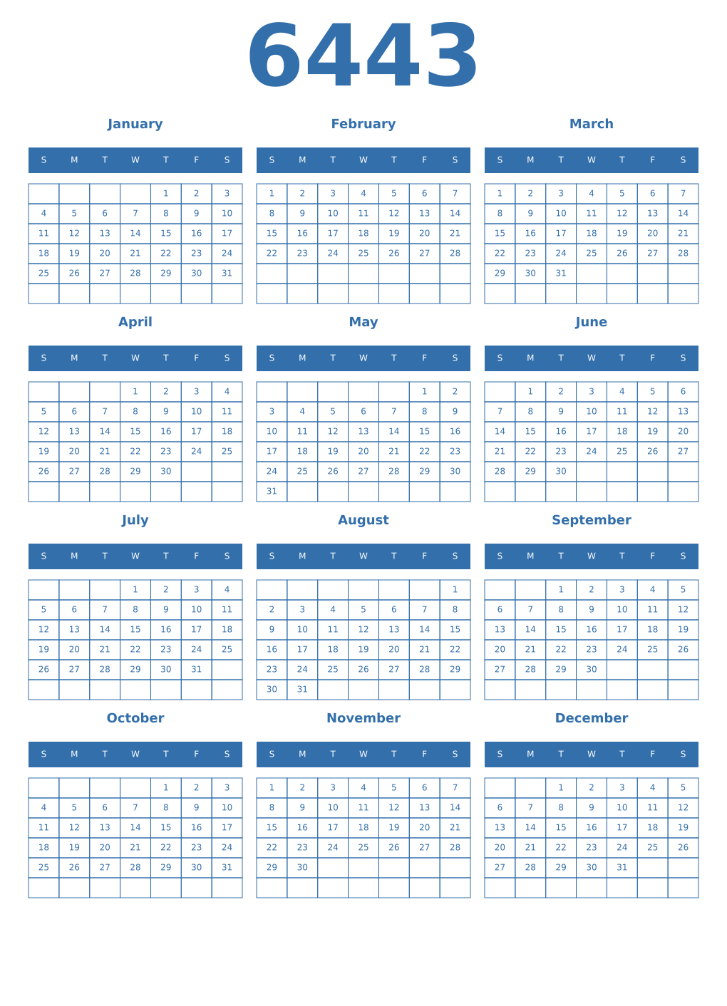 Printable 6443 Year Calendars blue