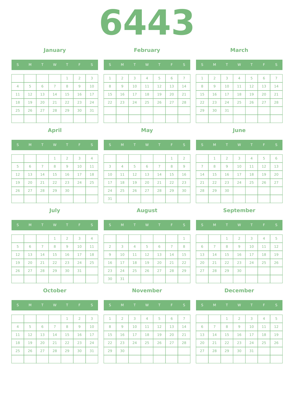 Printable 6443 Year Calendars celadon