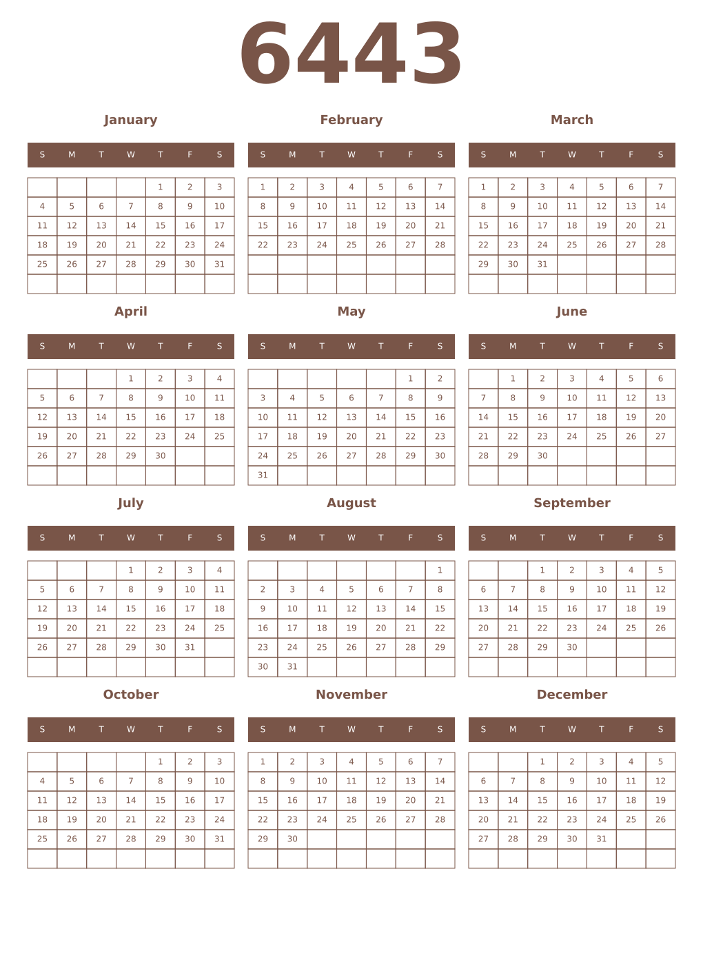 Printable 6443 Year Calendars coffe