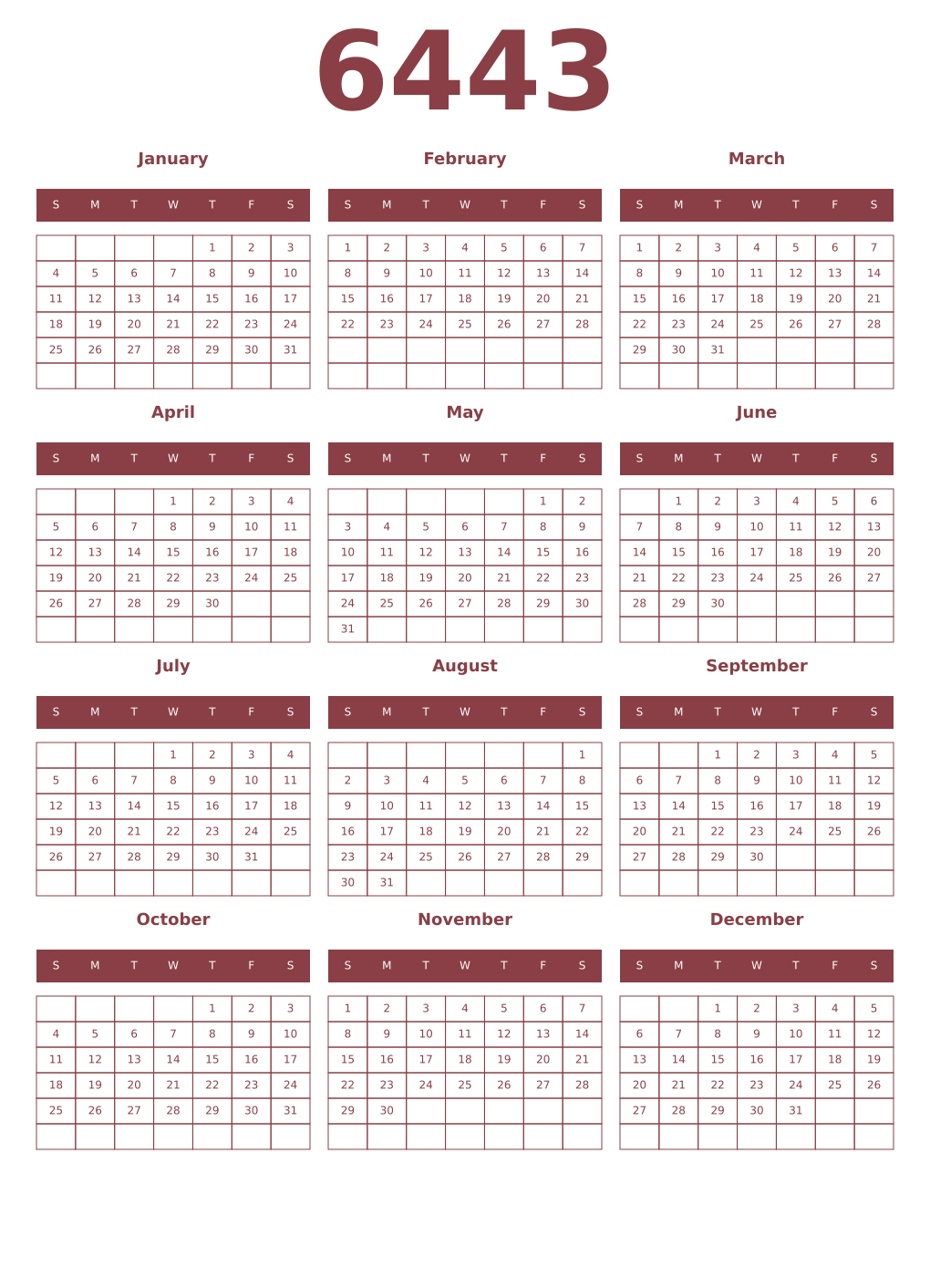 Printable 6443 Year Calendars cordovan