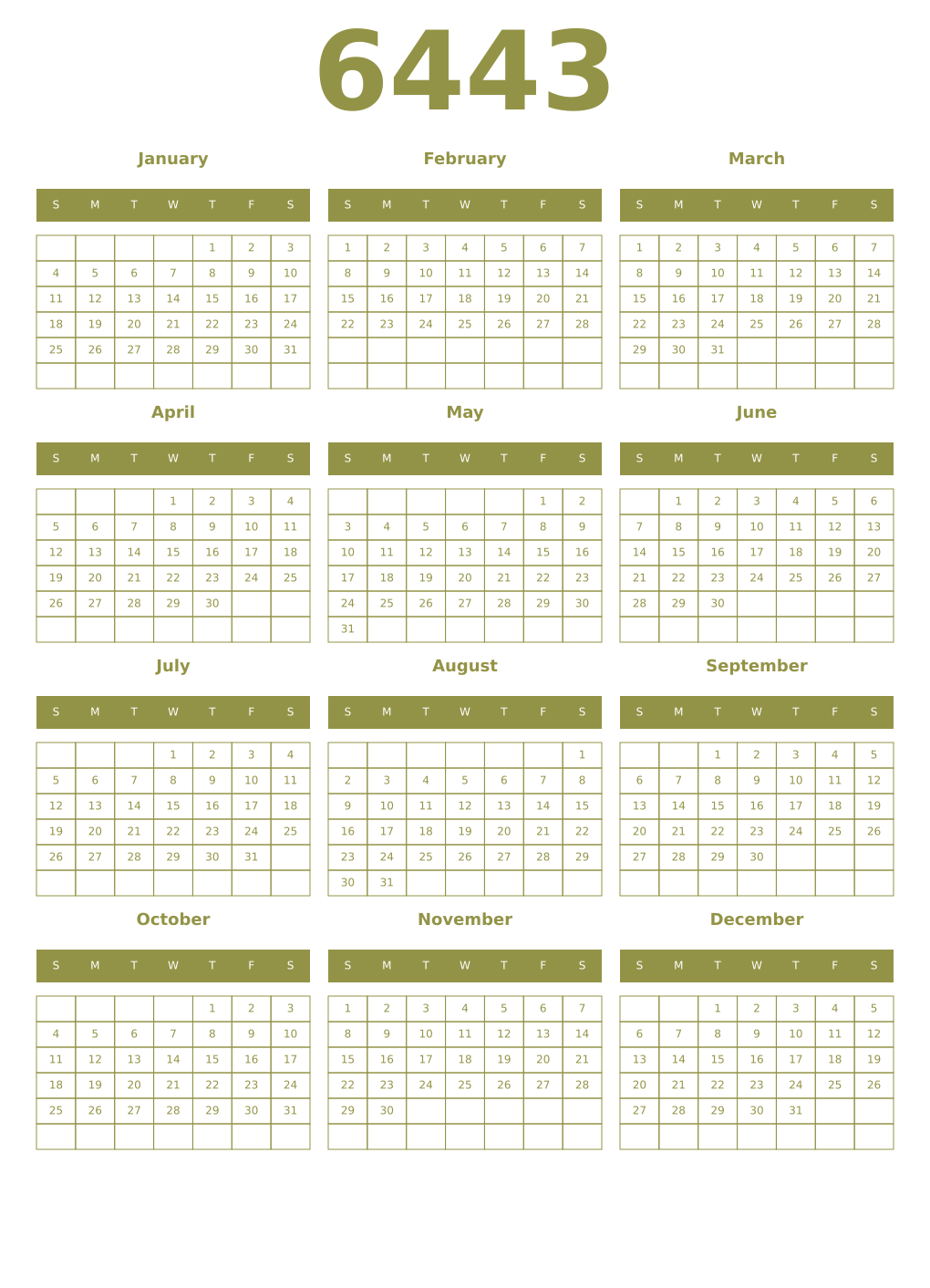 Printable 6443 Year Calendars eburnean