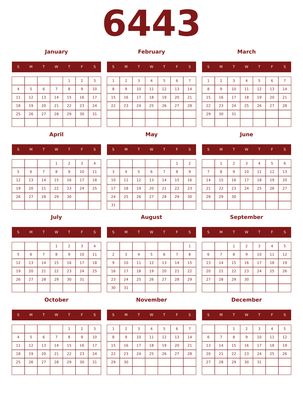 Printable 6443 Year Calendars falu