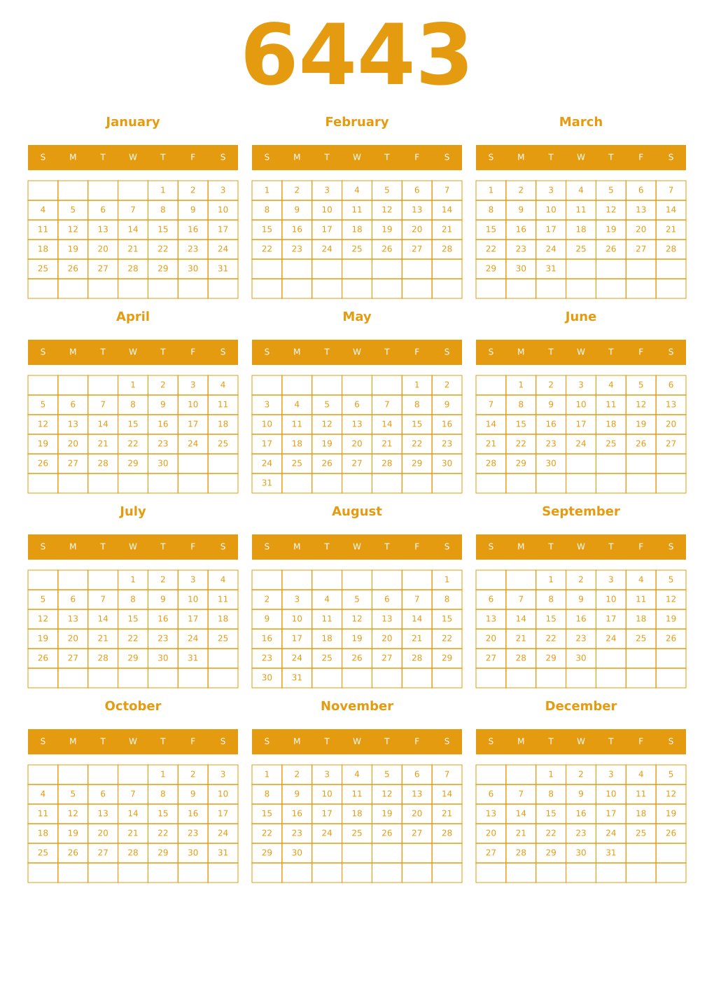 Printable 6443 Year Calendars gamboge