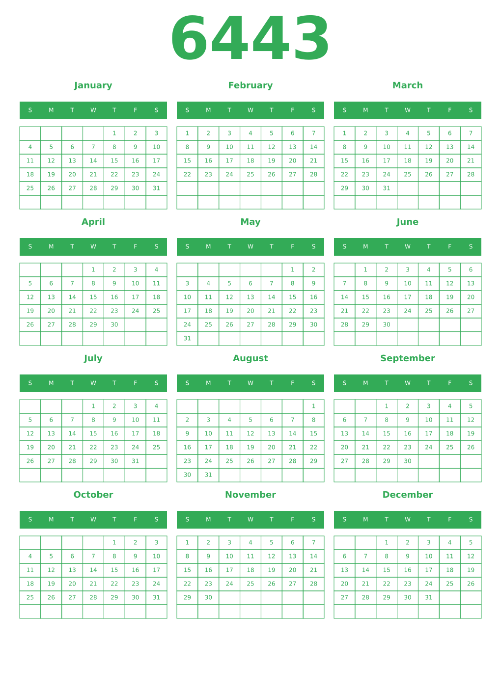 Printable 6443 Year Calendars green