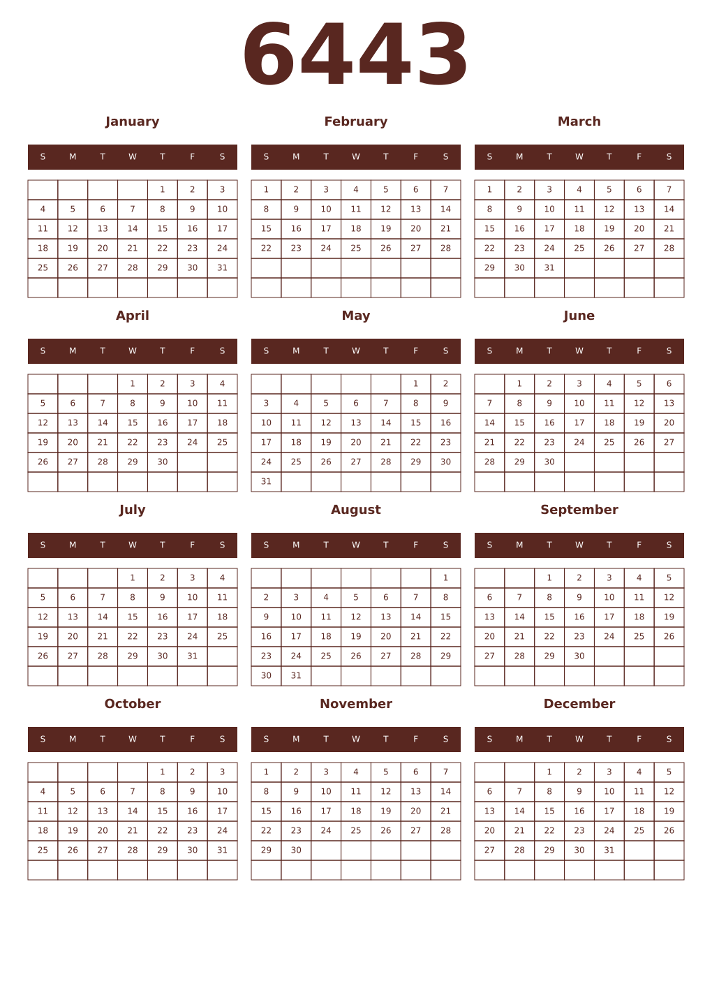 Printable 6443 Year Calendars mortuum