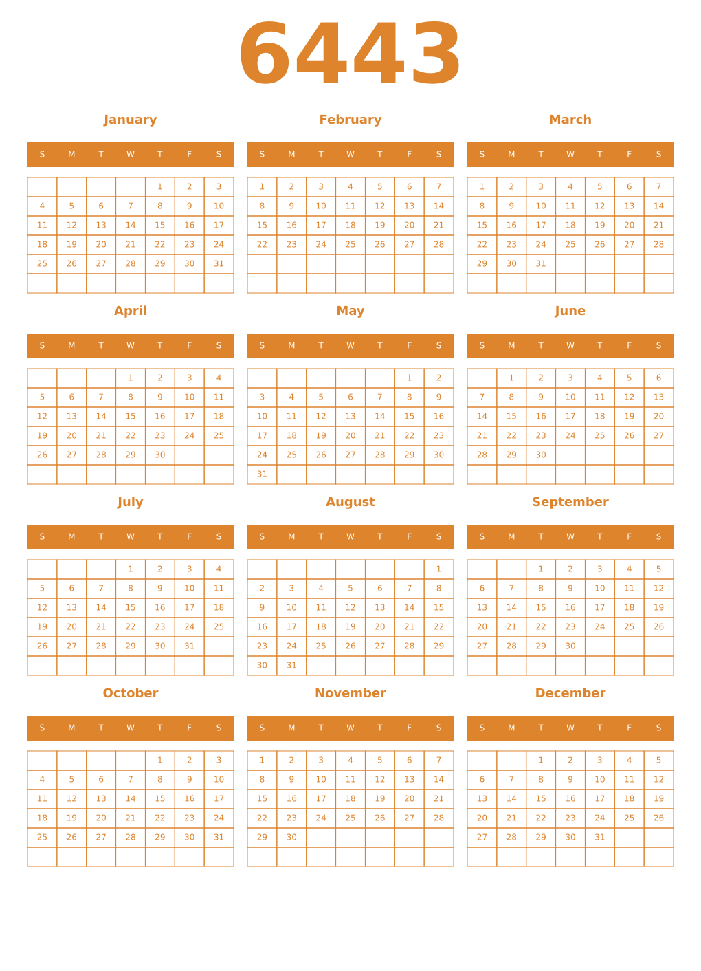 Printable 6443 Year Calendars orange