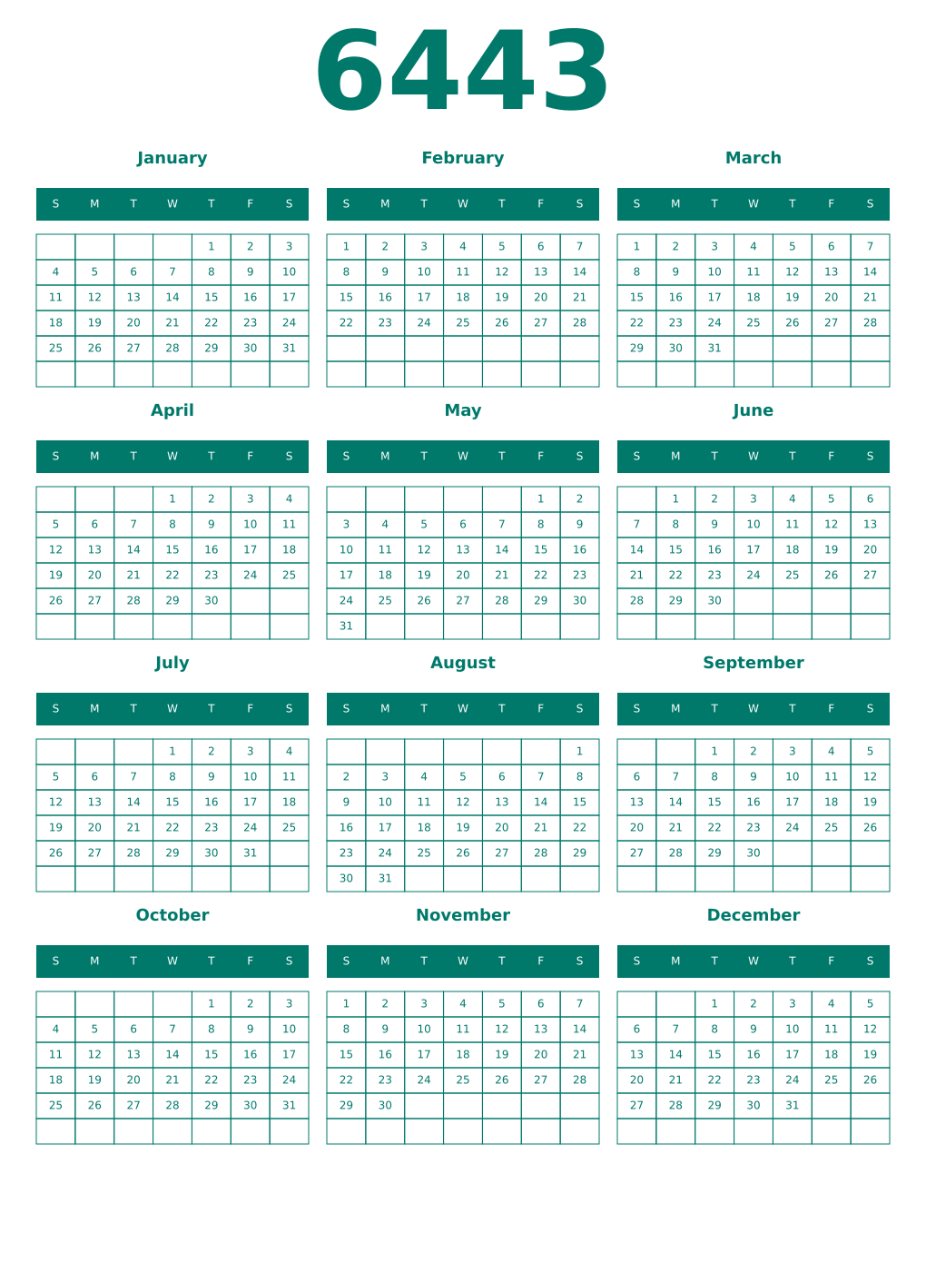 Printable 6443 Year Calendars pastel