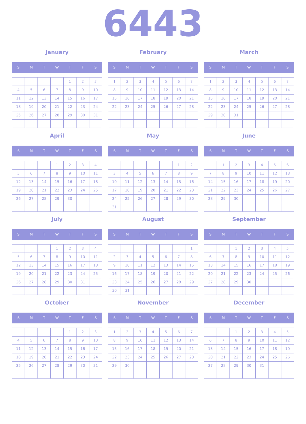 Printable 6443 Year Calendars periwinkle
