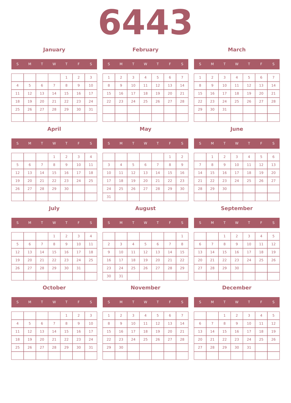 Printable 6443 Year Calendars puce