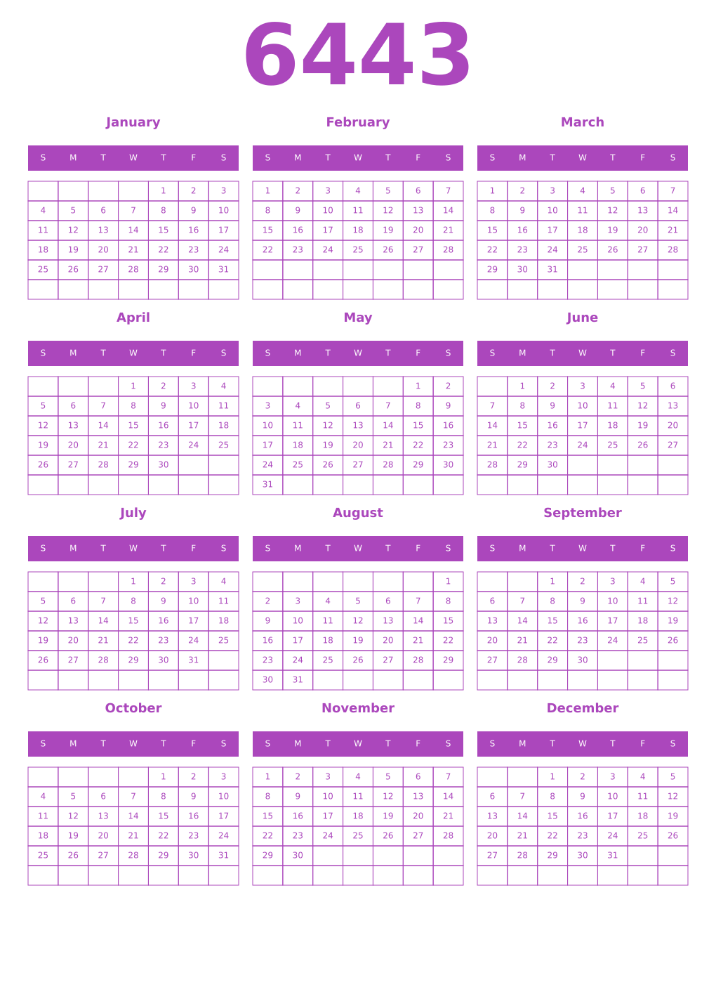 Printable 6443 Year Calendars purple